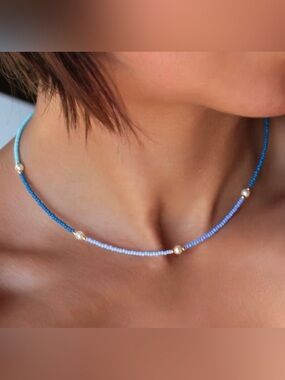 Blue Beaded Pearl Accent Necklace - Women Jewelry